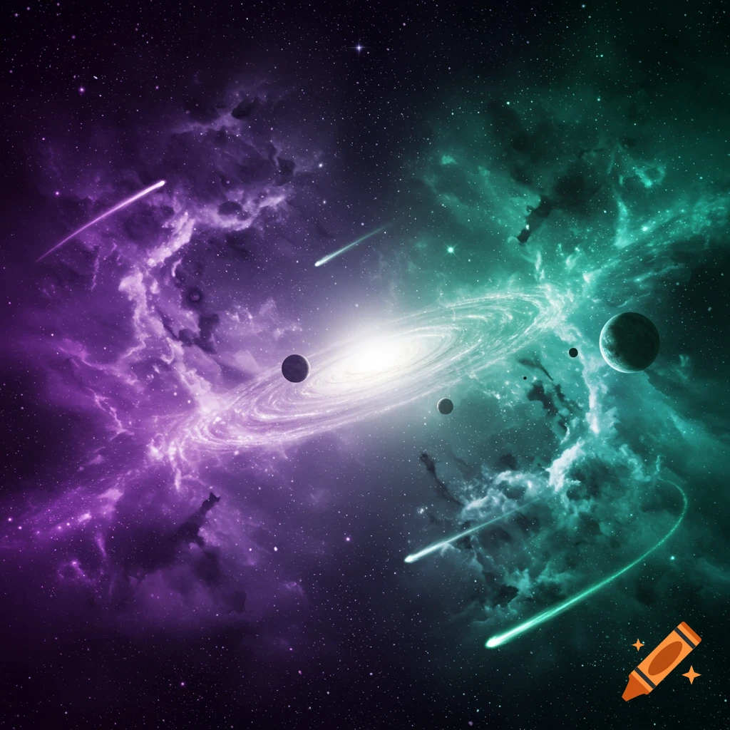 A vibrant galaxy swirls in deep space, surrounded by purple and teal nebulae, planets, and shooting stars.