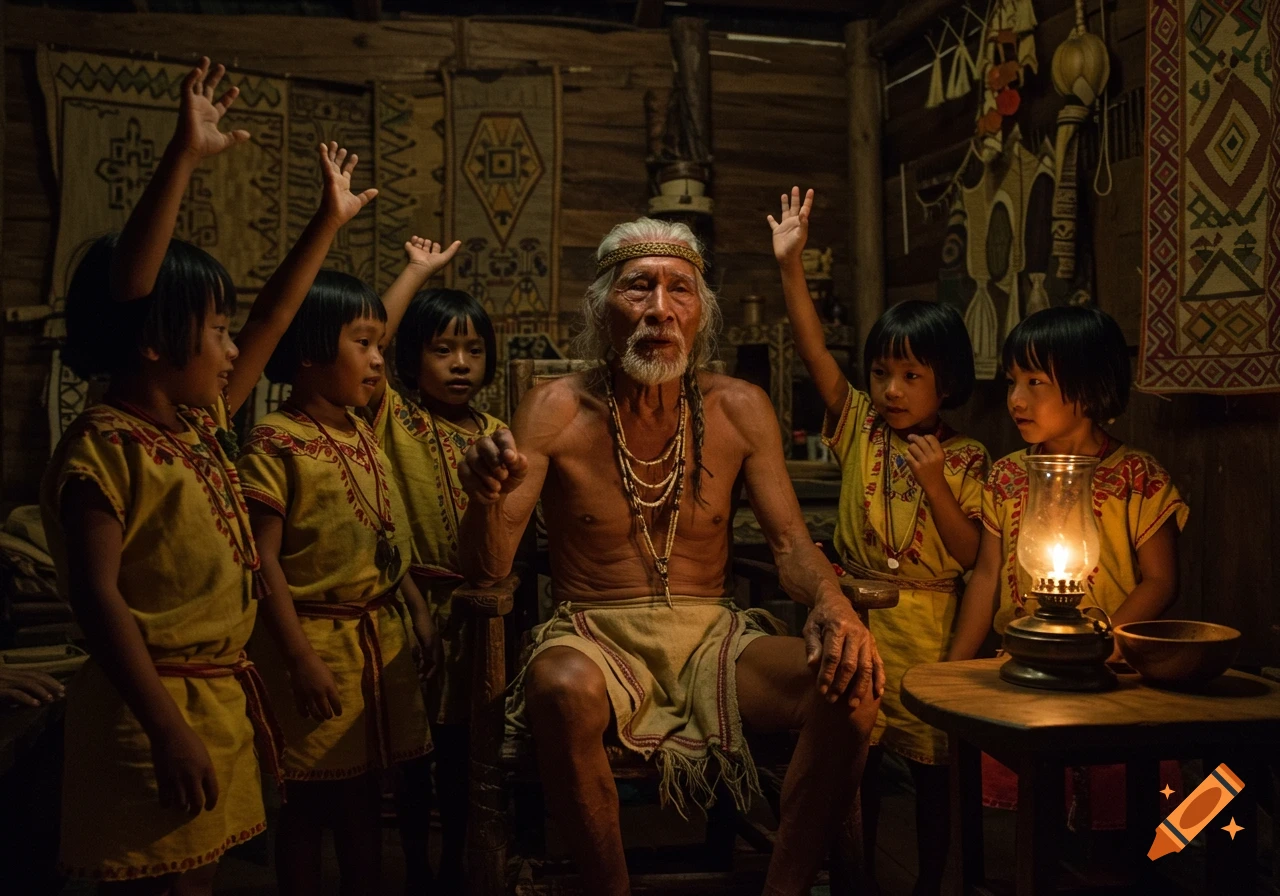 An old native man sits on a chair, surrounded by five native children with raised hands in a dimly lit wooden room.