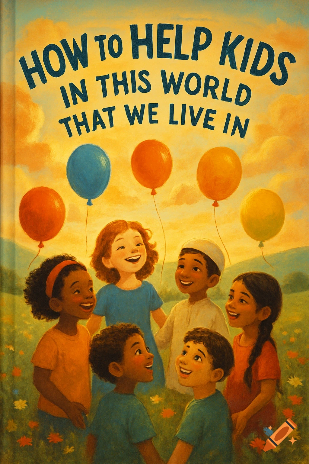 A painterly book cover showing diverse smiling children looking up at colorful balloons under the title 'HOW TO HELP KIDS IN THIS WORLD THAT WE LIVE IN'.