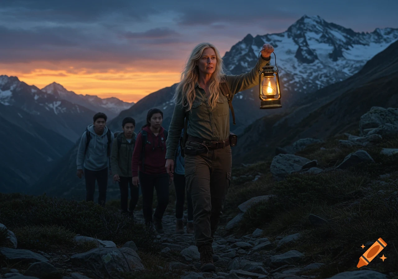 A blonde woman lights a rocky mountain trail with a lantern, leading diverse hikers at twilight, photorealistic.