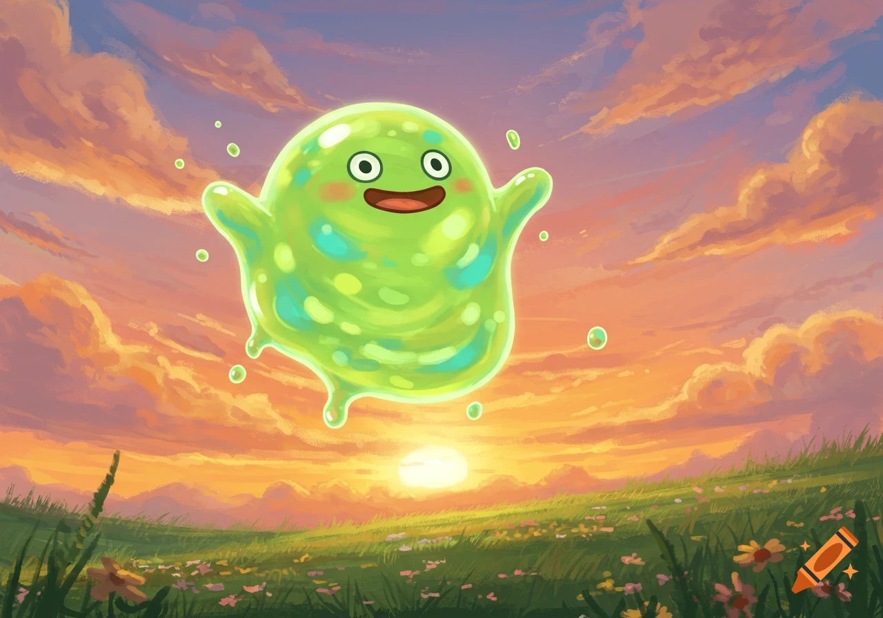 A happy, glowing green slime creature with blue and yellow spots floats in a vibrant orange and purple sunset sky above a field of wildflowers, cartoon style.