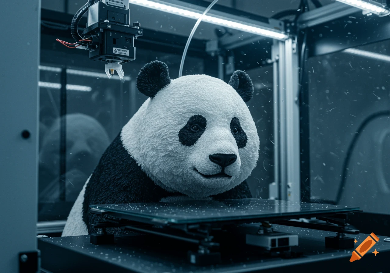 A photorealistic panda looks down at a 3D printer's print bed, surrounded by the machine's components.
