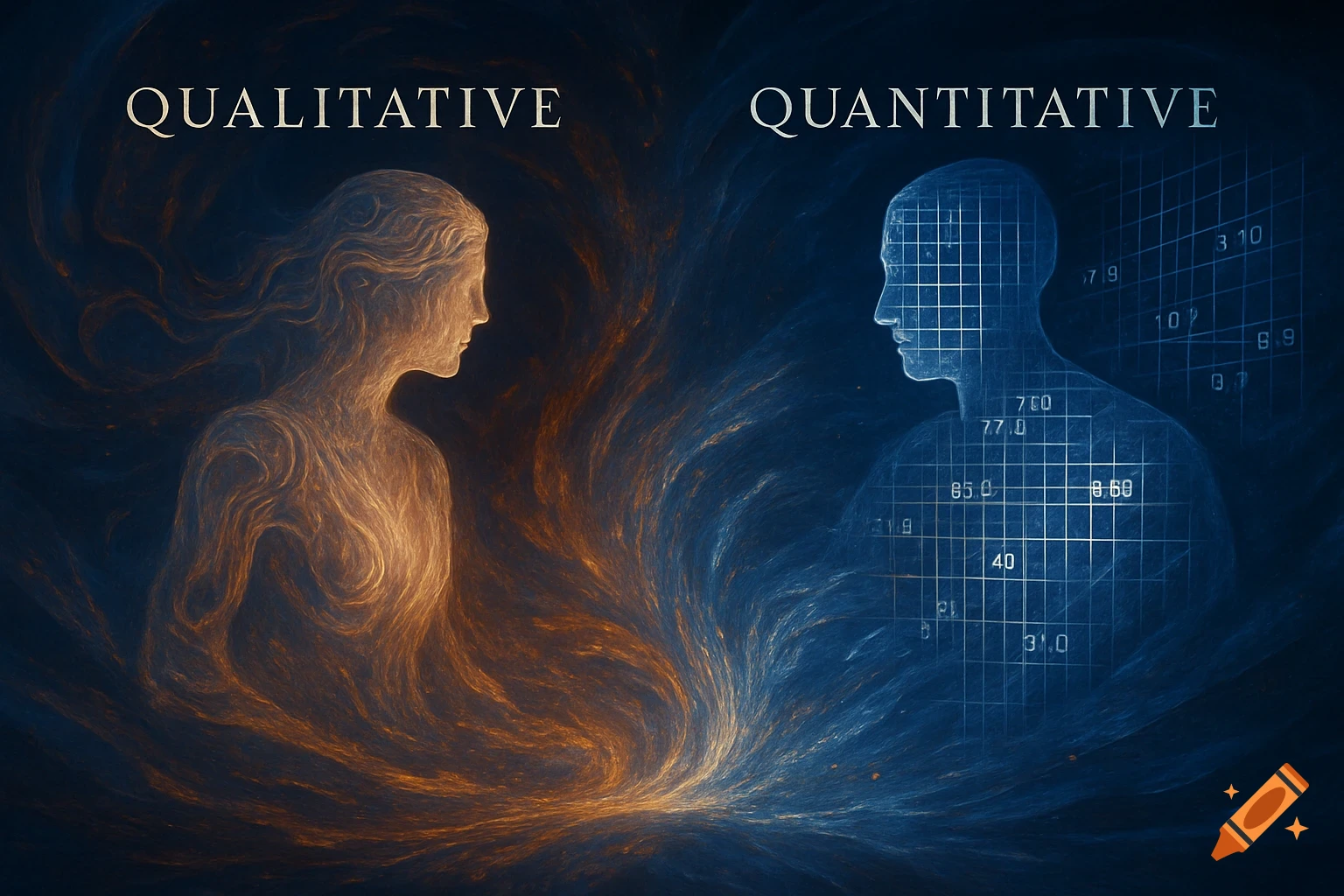 Abstract art representing qualitative and quantitative concepts, with an orange flowing figure and 'QUALITATIVE' on the left, and a blue grid-like figure with numbers and 'QUANTITATIVE' on the right.