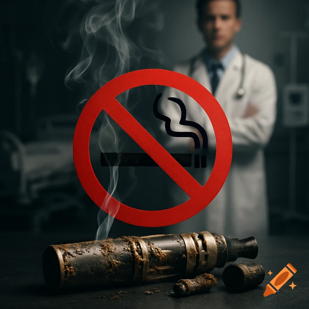 A large red no smoking sign with smoke behind it. A broken, dirty vape lies on a table, with a blurred doctor in a white coat behind.