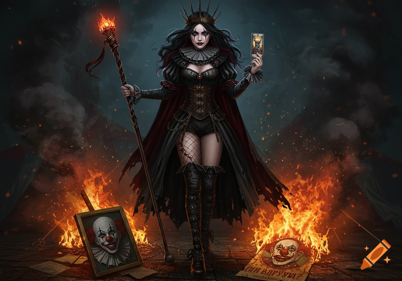 A dark queen clown in a gothic-steampunk outfit holds a staff and tarot card, standing amidst fire with burning clown portraits in an eerie circus setting.
