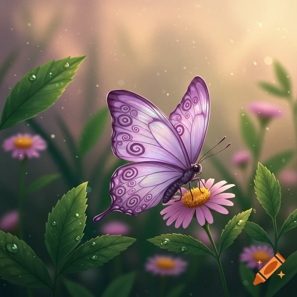 A vibrant purple butterfly with ornate patterns rests on a pink daisy in a soft-focus garden.
