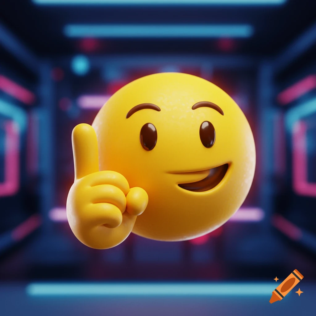 A happy yellow 3D emoji points its index finger up, smiling, against a dark background with blue and pink neon lights.