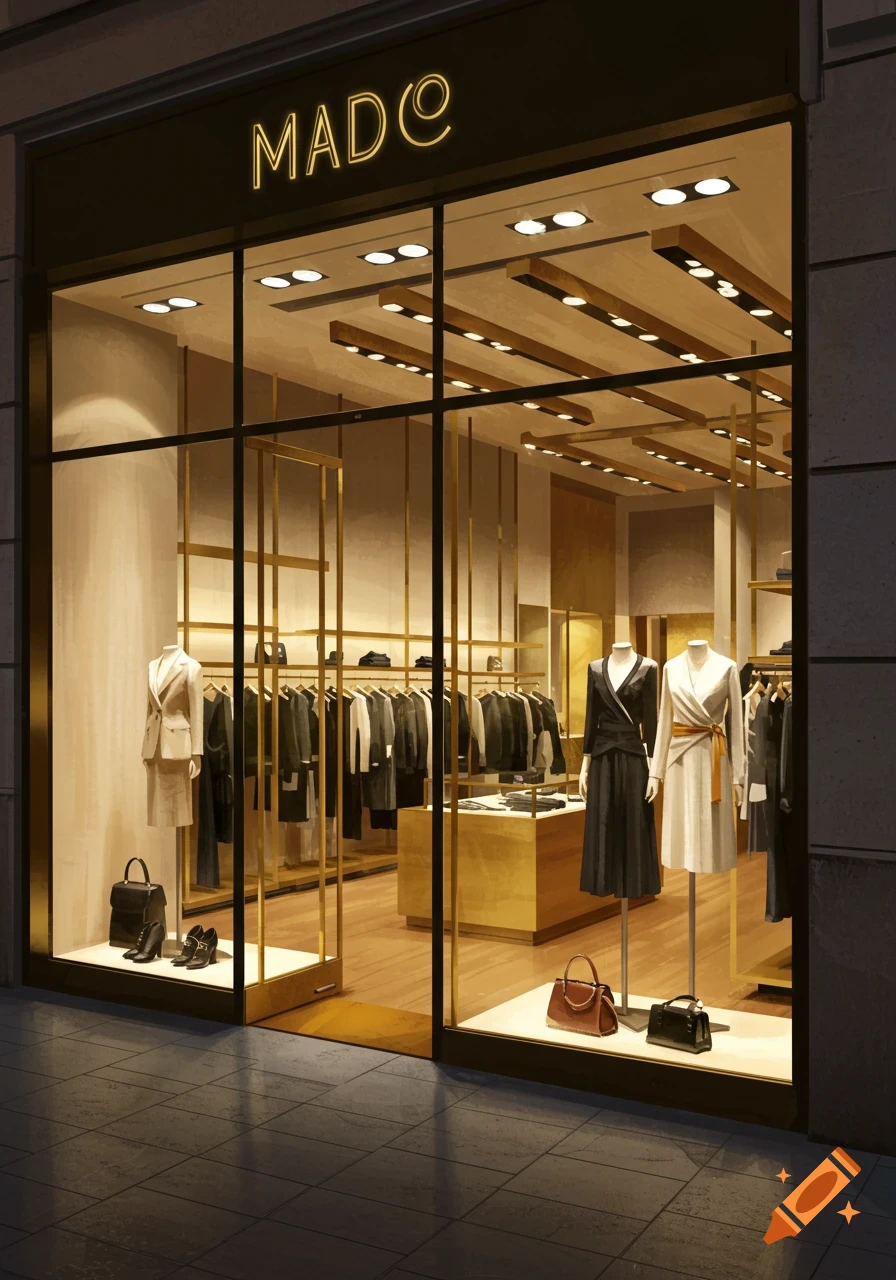 An elegant, well-lit luxury clothing store storefront at night, displaying high-end garments on mannequins and racks with golden interior details.