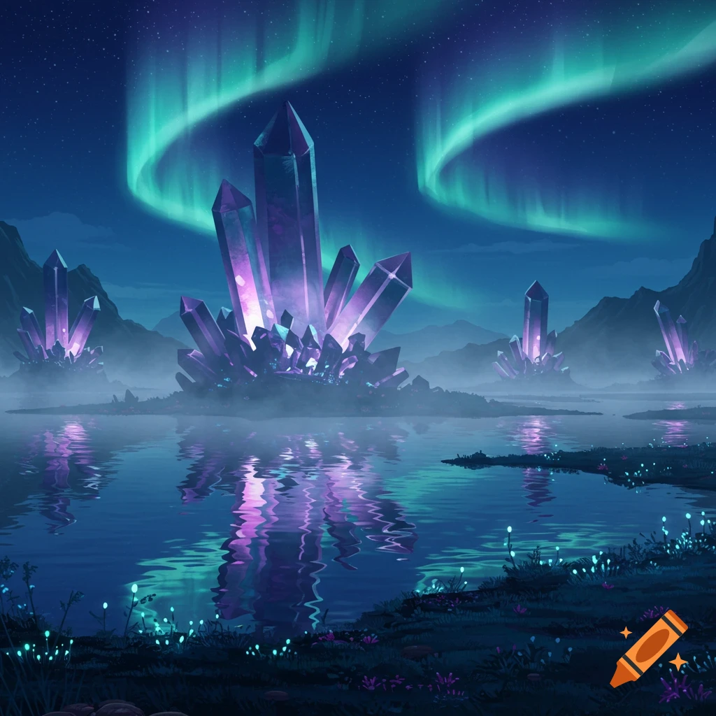 A mystical landscape with glowing purple crystals reflecting in a calm lake under a vibrant green aurora borealis night sky.