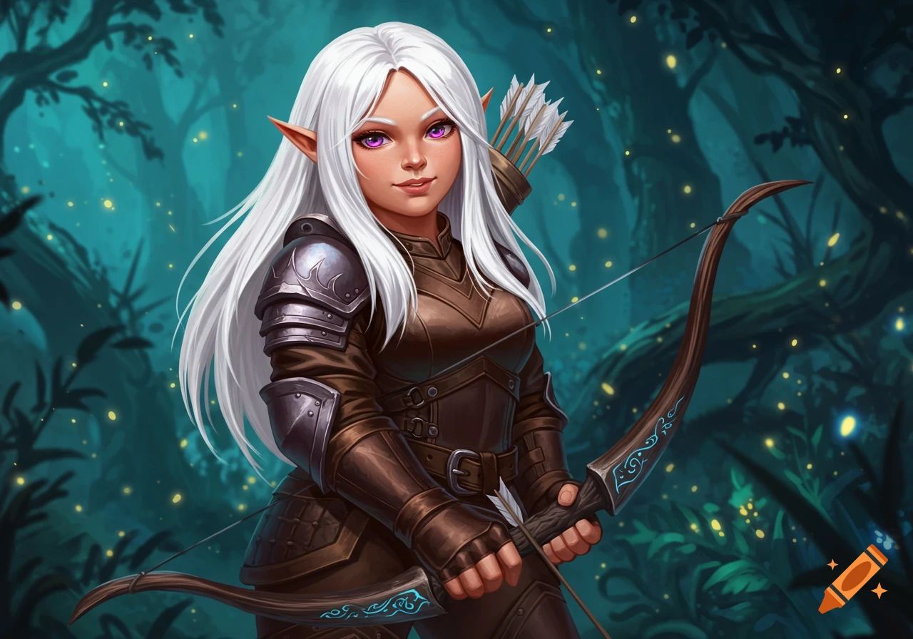 White-haired elf woman in brown and metal armor holds a bow and quiver, standing in a magical dark forest with glowing lights.