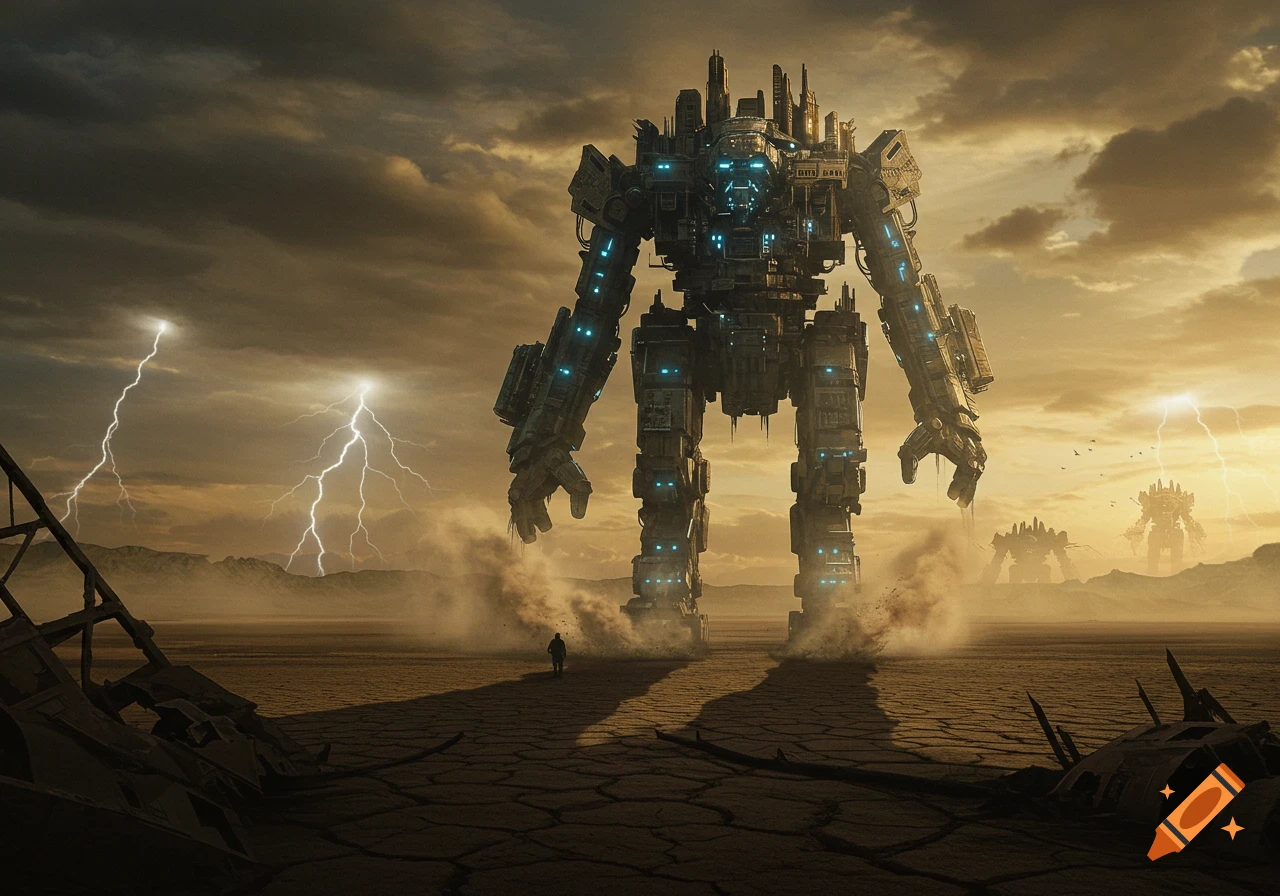 Giant photorealistic mechs walk through a desolate, stormy landscape with lightning.