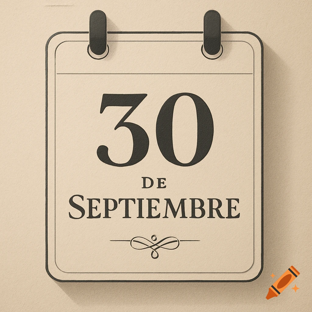 An illustration of a calendar page displaying the date '30 de Septiembre' with a decorative swirl.