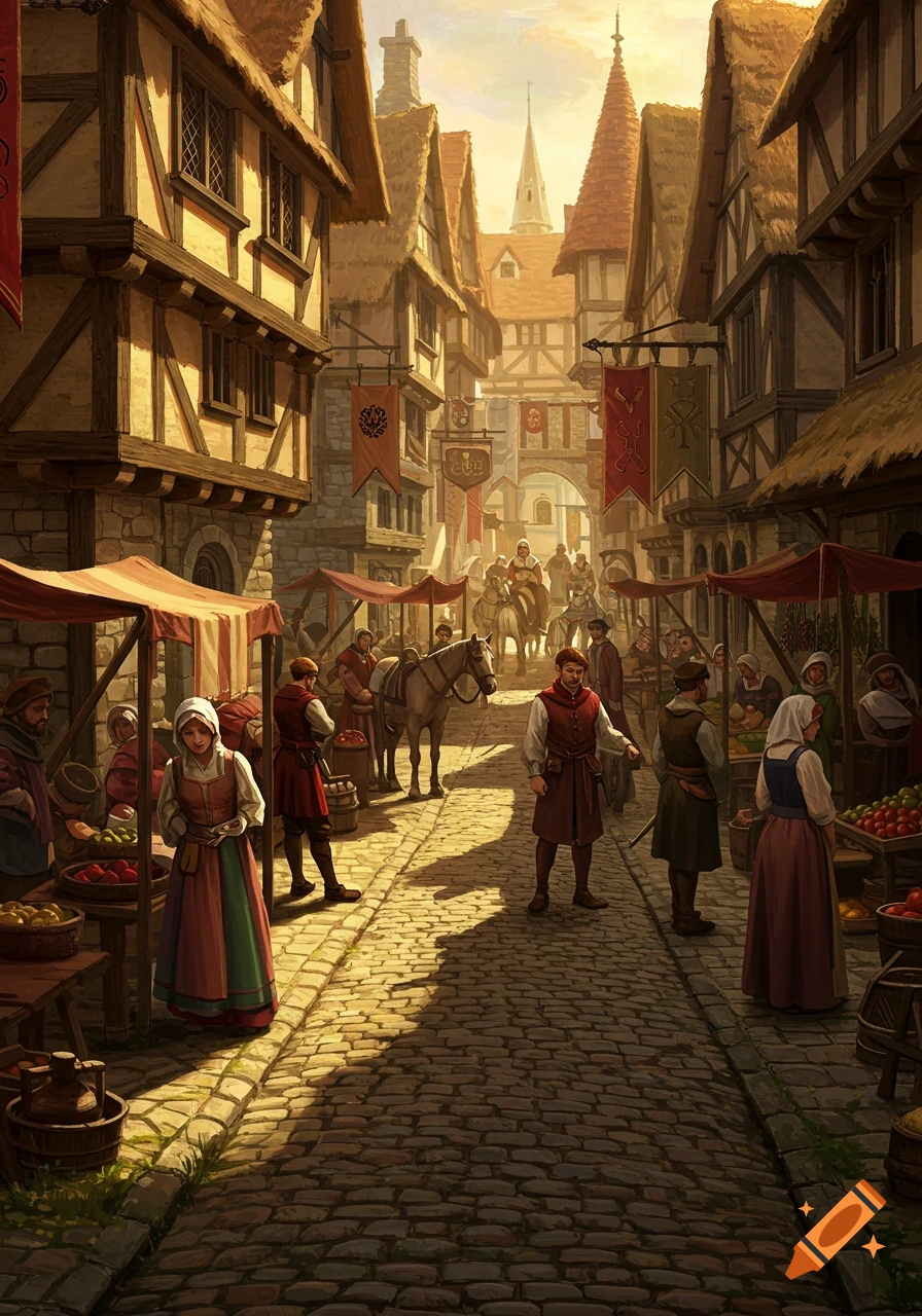 A bustling medieval market street at sunset, filled with people, vendors, and horses, lined with detailed half-timbered buildings.