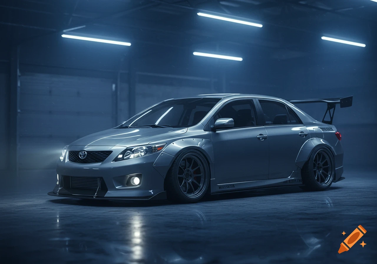 A silver modified Toyota Corolla with a wide body kit and a large rear spoiler, parked in a dark garage with blue strip lighting. Photorealistic style.