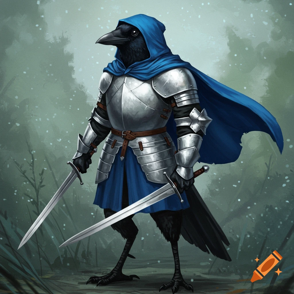 A detailed digital art image of a crow knight in blue hooded cape and plate armor, holding two swords against a misty green background.