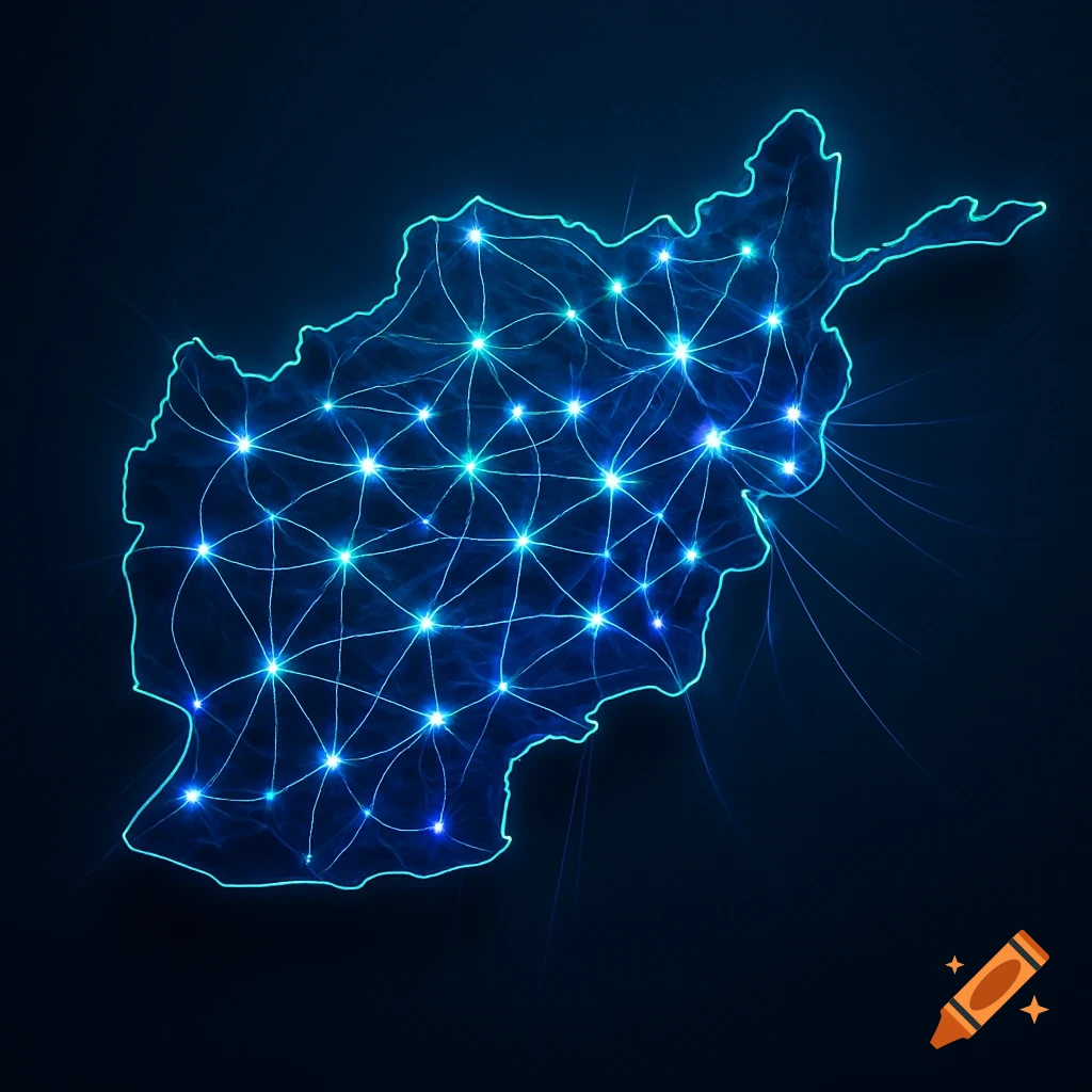 A neon blue outline map of Afghanistan with an illuminated fiber optic network overlay.
