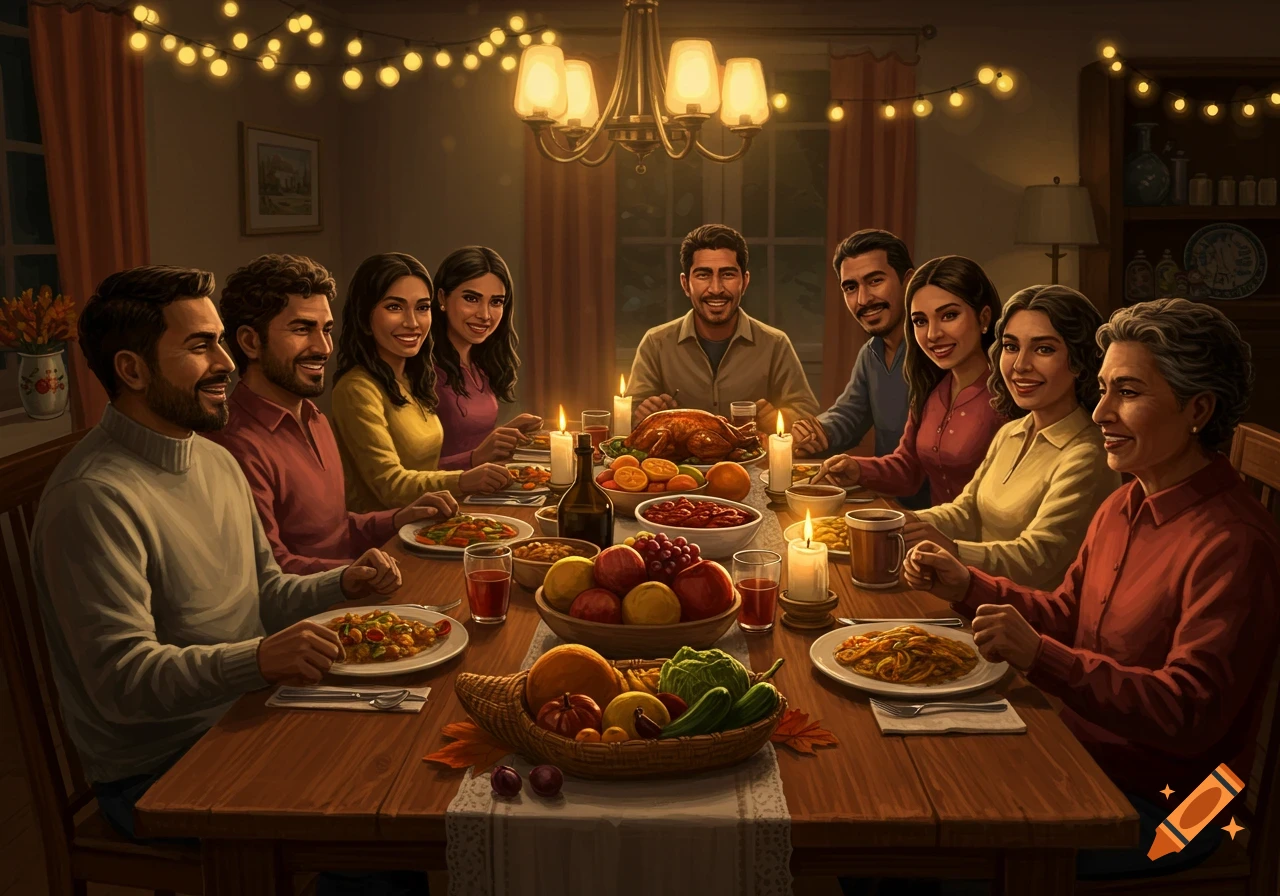 An Hispanic family celebrates Thanksgiving around a candlelit dining table laden with a turkey, fruits, and other dishes. String lights glow above.