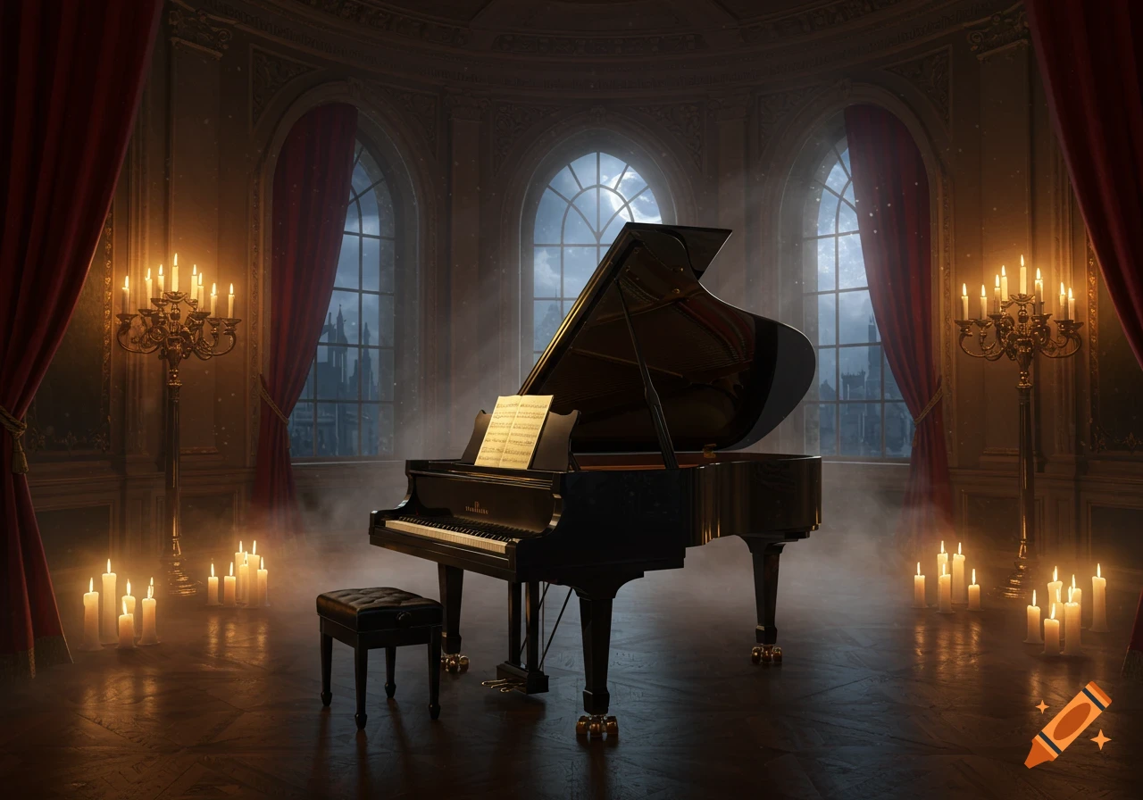 A grand piano sits center in a grand, candlelit room with large arched windows, looking out to a dark, possibly moonlit, city.