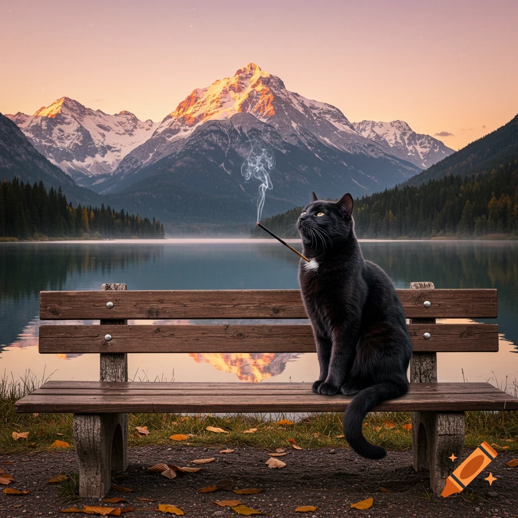 A black cat sits on a wooden bench, holding a smoking incense stick, overlooking a tranquil mountain lake at sunset.