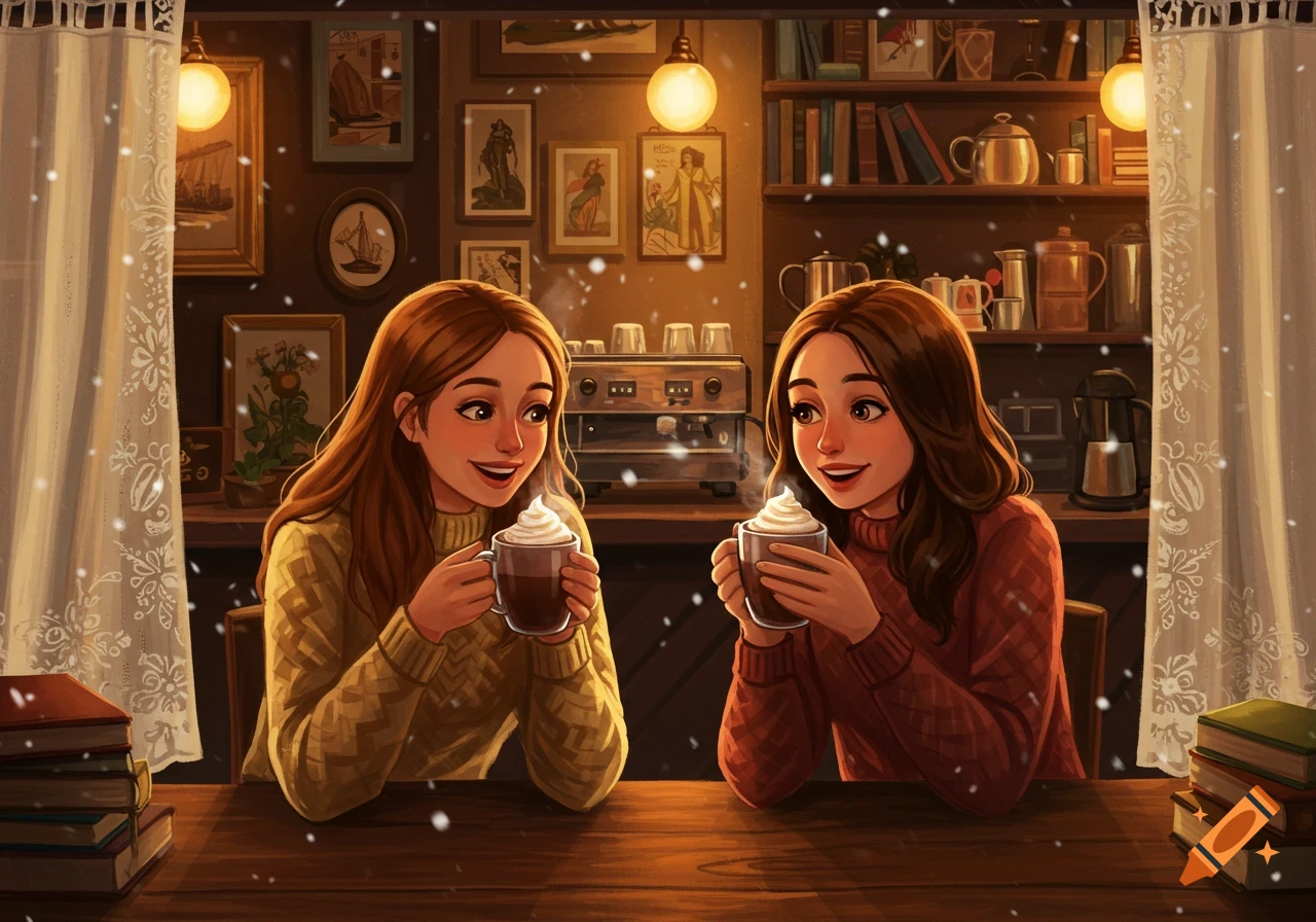 Two smiling women in sweaters drink hot chocolate in a cozy cafe as snow falls outside, illustration.