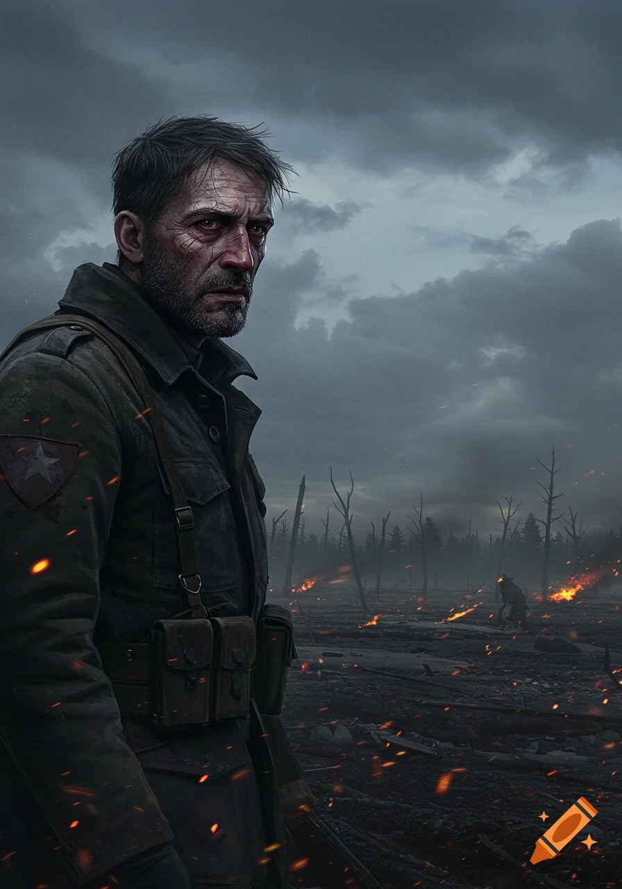 A weary soldier with a thousand-yard stare stands in a war-torn, burning battlefield under a dark, cloudy sky.
