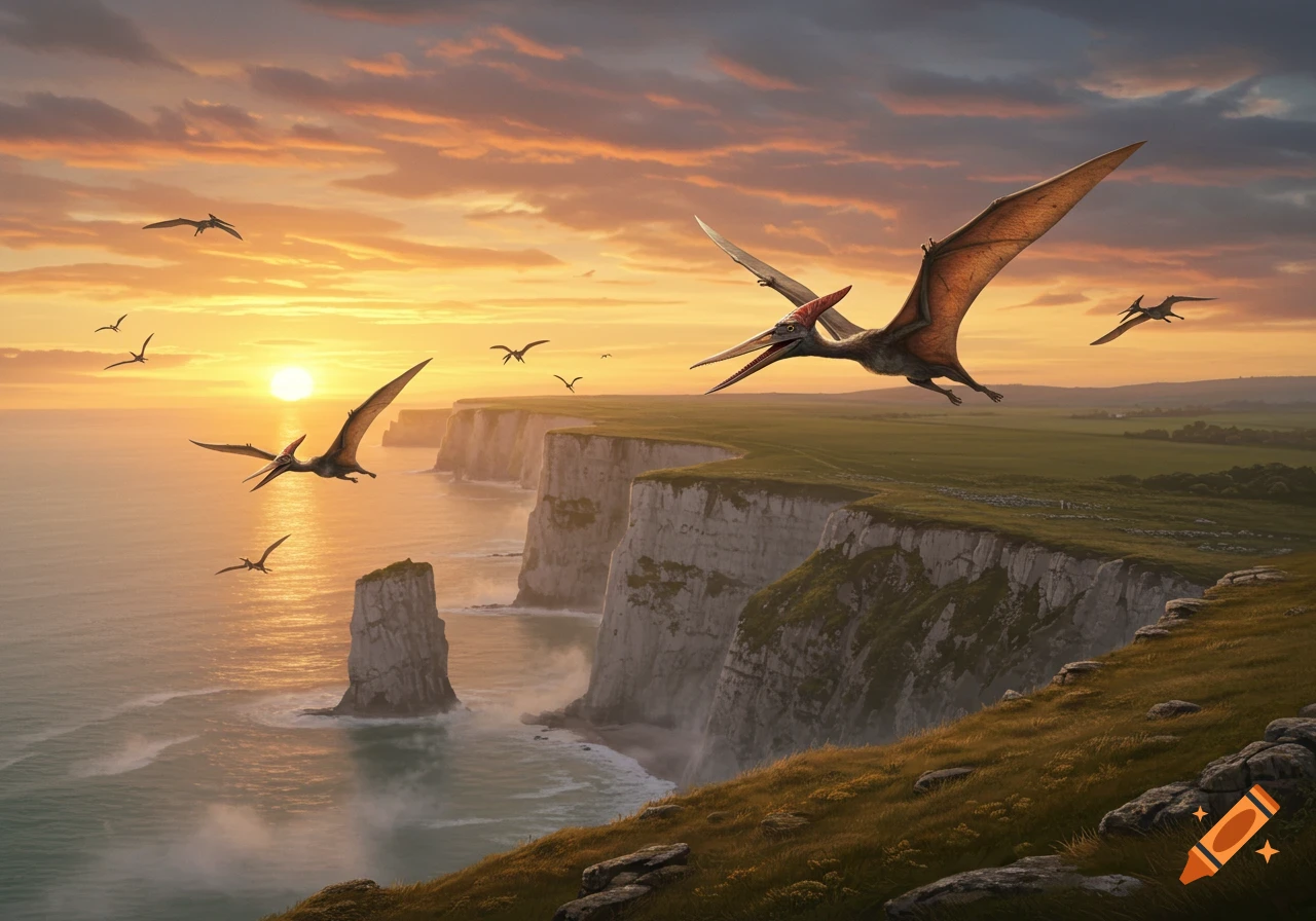 Photorealistic pterodactyls fly over dramatic white cliffs overlooking the ocean at sunset.