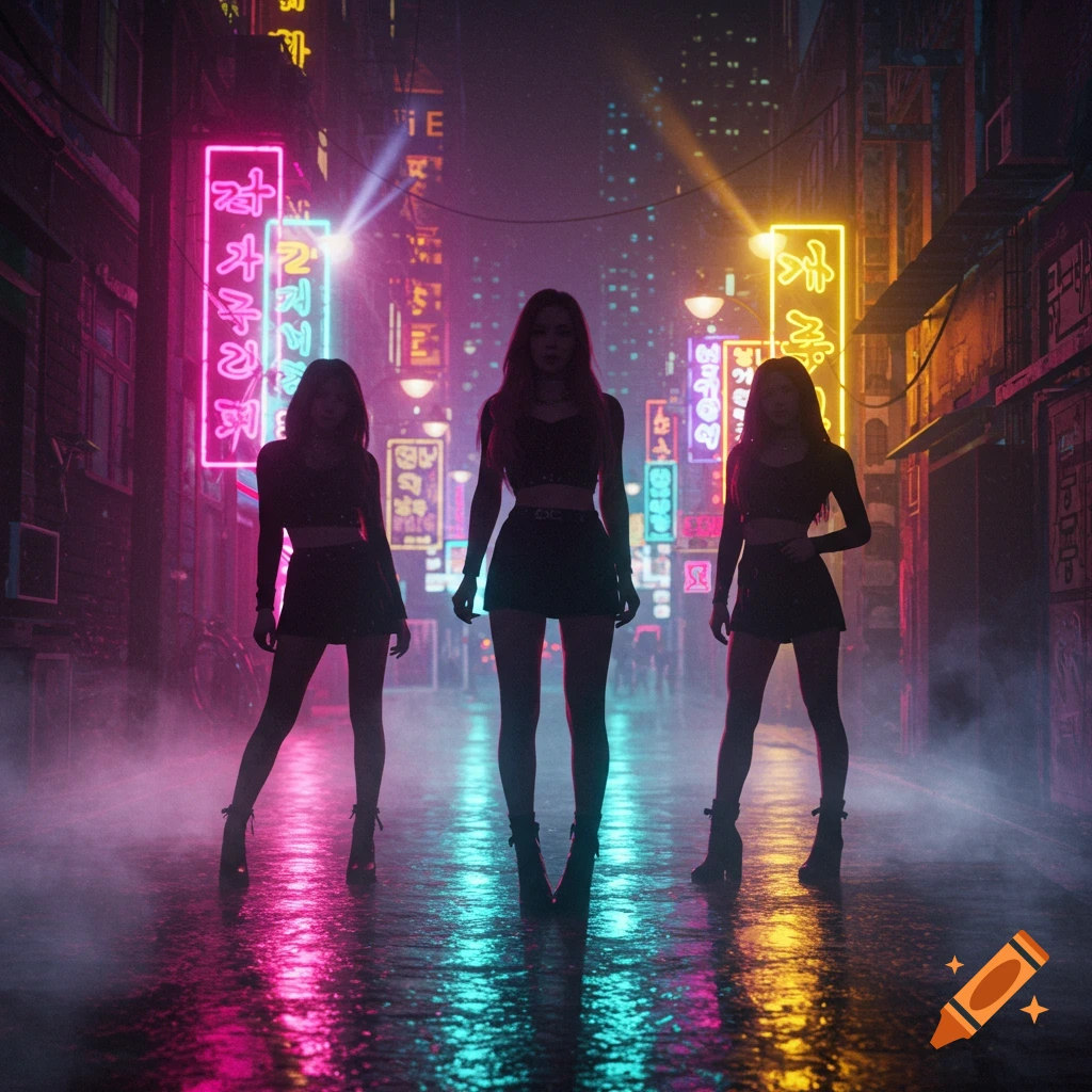 Three women in silhouette stand on a wet, neon-lit cyberpunk street with city buildings in the background.