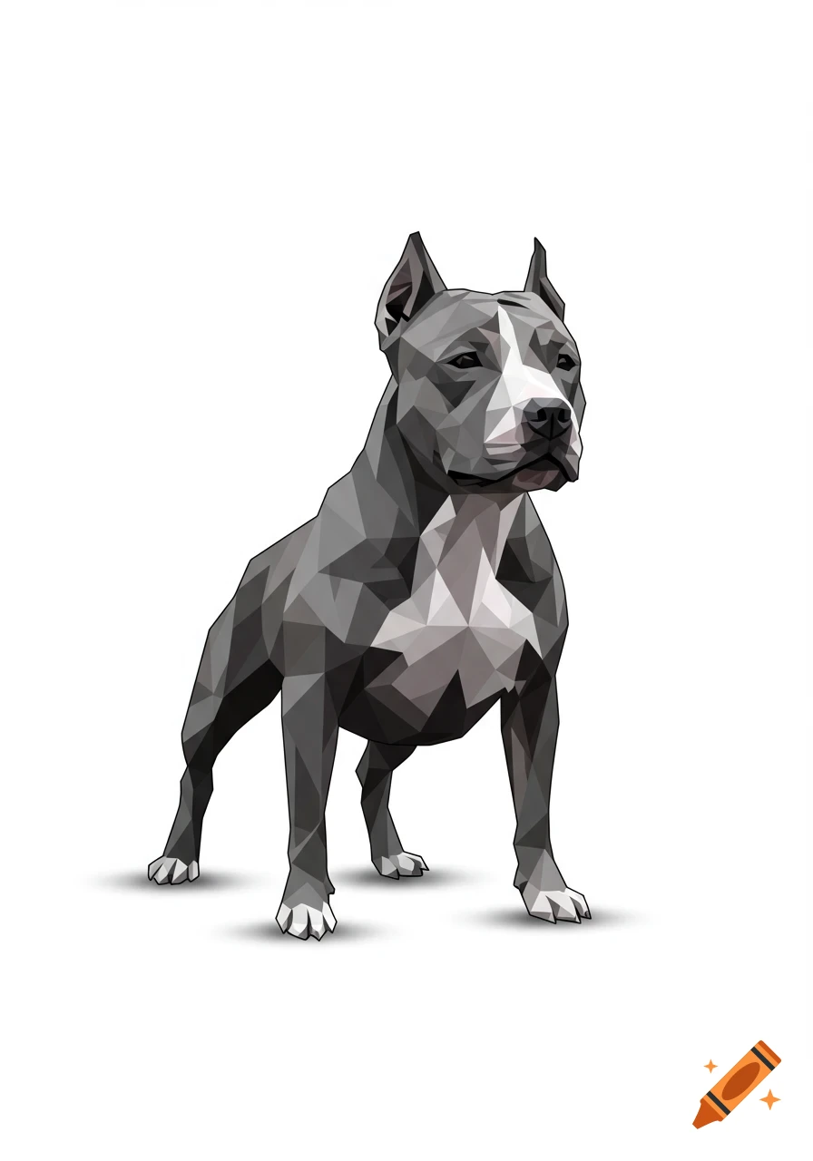 A low-poly, geometric illustration of a gray and white Pitbull dog standing against a white background.