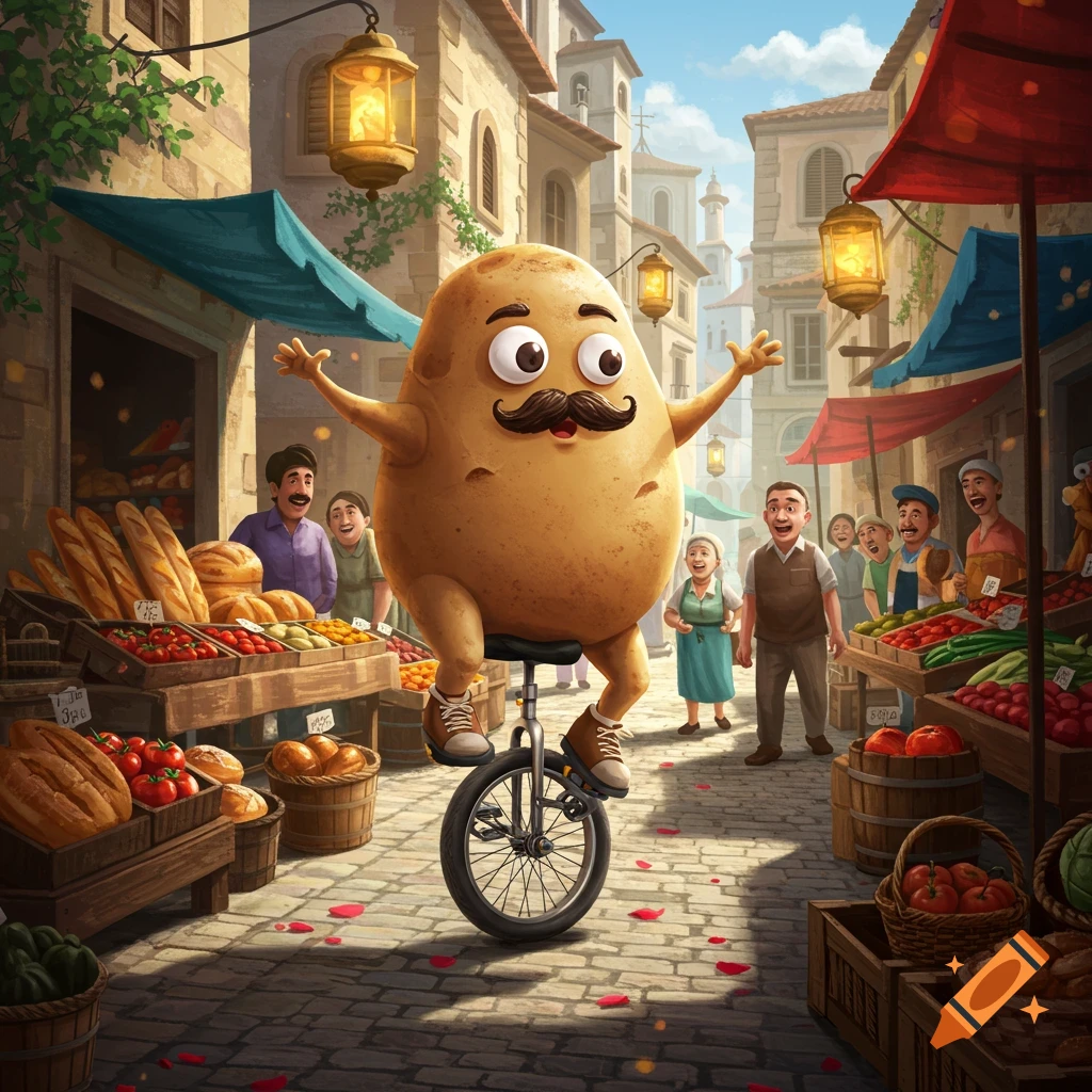 A cartoon potato with a mustache rides a unicycle through a bustling marketplace lined with food stalls.