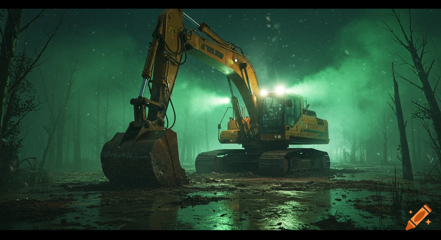 Photorealistic image of a gigantic yellow excavator with bright headlights in a misty, green-hued swamp with dark trees, under falling snow.