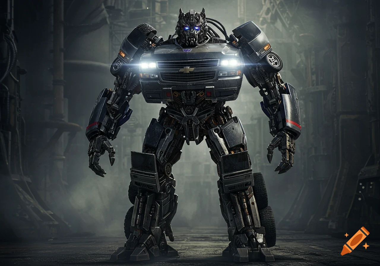A hyper-realistic dark grey Decepticon Transformer robot, Crankcase, with glowing blue eyes, vehicle parts, and an aggressive stance in an industrial setting.