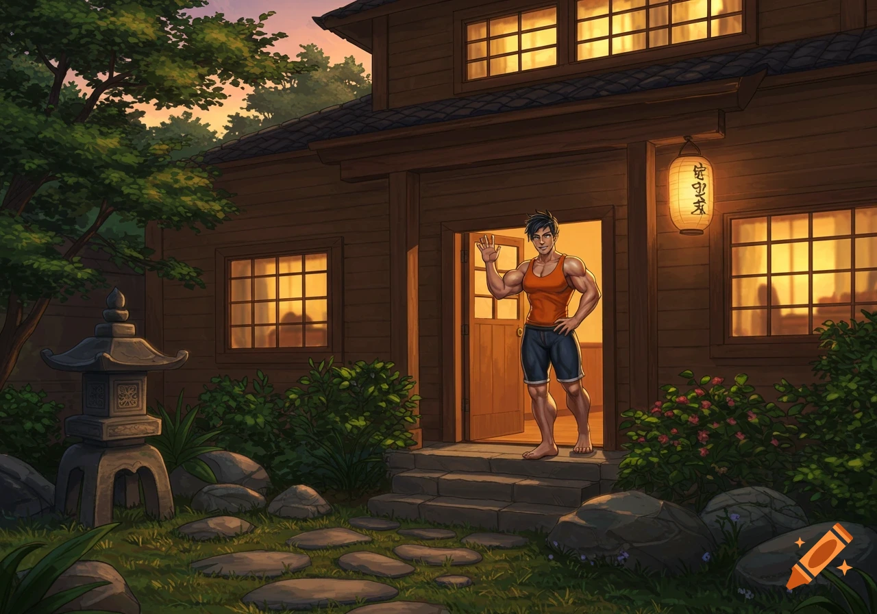A muscular man in an orange tank top and blue shorts waves from the doorway of a Japanese-style cottage in an evening garden scene.