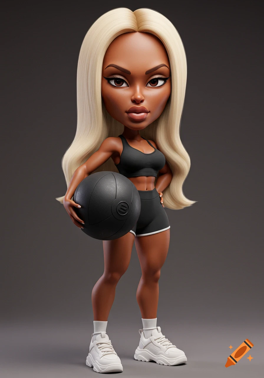 A stylized 3D caricature of a dark-skinned athletic woman with long blonde hair, wearing a black sports bra and shorts, holding a medicine ball.