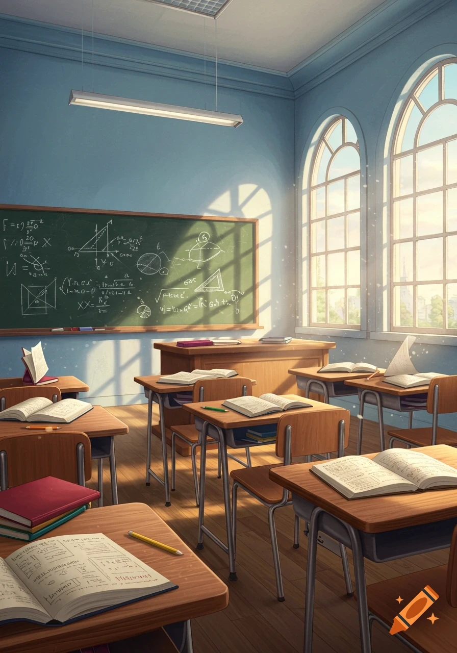 Bright anime-style classroom with wooden desks, a blackboard with math, and sunlit arched windows.