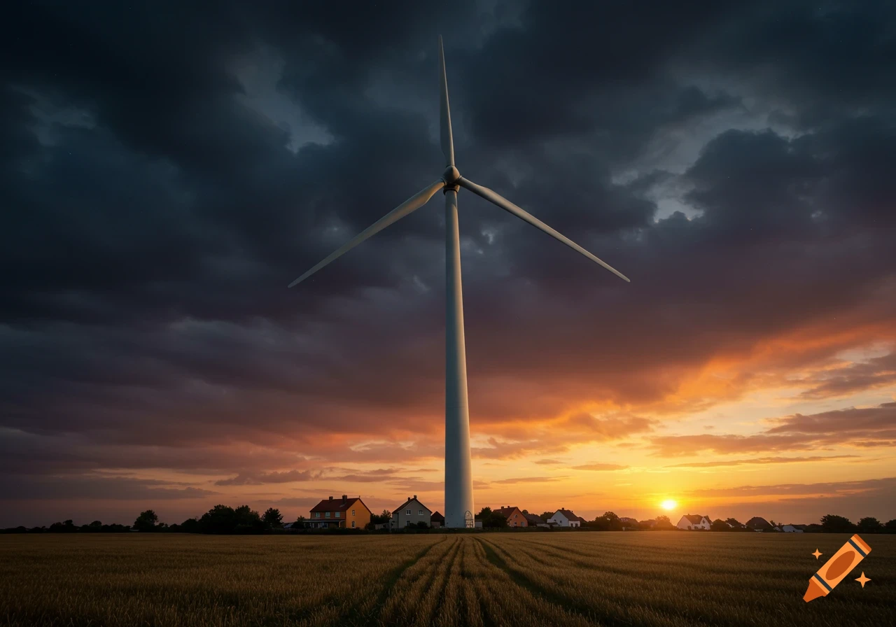 A massive wind turbine stands in a golden field under a dramatic, stormy sunset sky, with small houses visible in the distance.