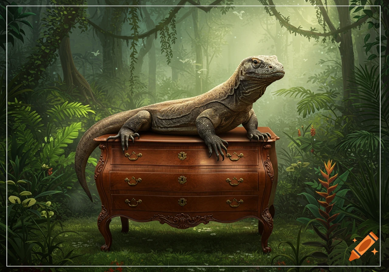 A large Komodo dragon lies on a wooden dresser in a misty, lush jungle setting.