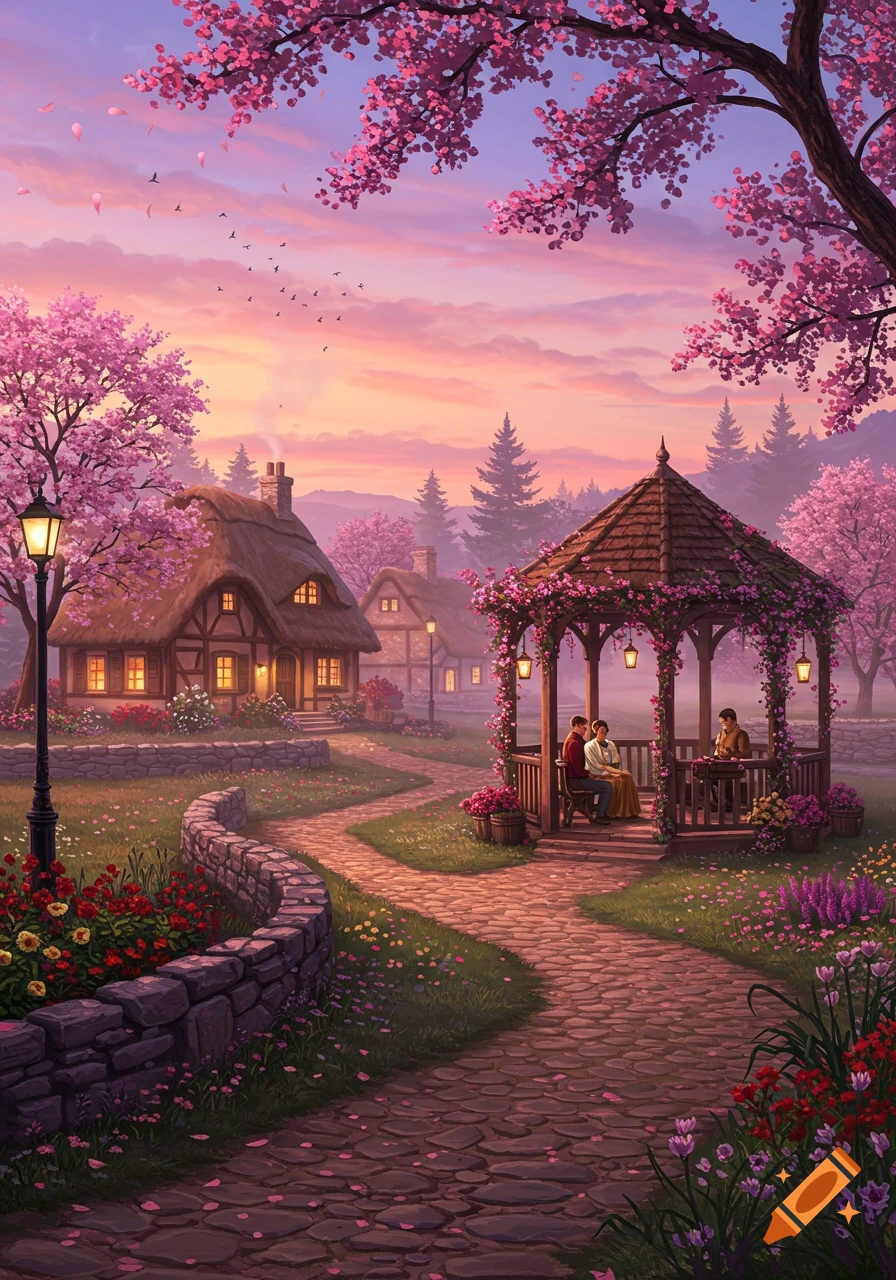 Illustrated fantasy landscape of a village with cherry blossoms, cottages, a stone path, and a gazebo where people are sitting, at sunset.