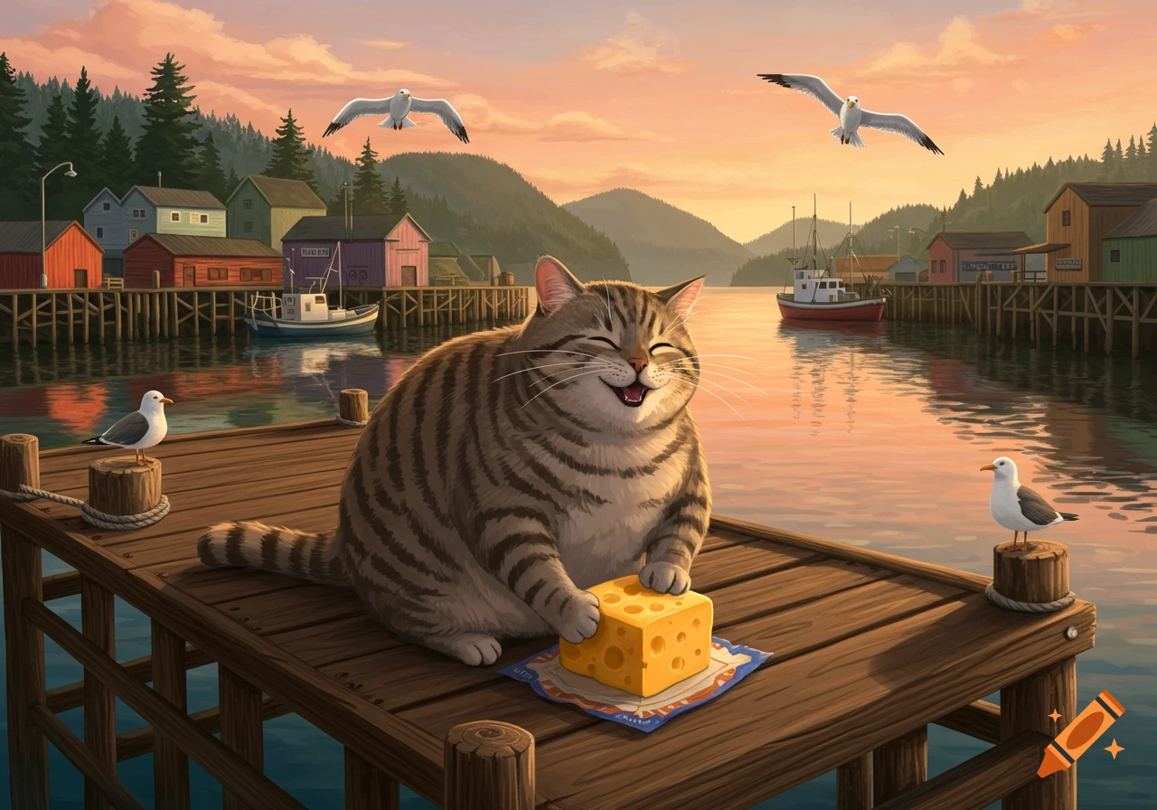 A happy, cartoonish tabby cat on a wooden dock with a block of Swiss cheese, overlooking a harbor town at sunset with seagulls flying.