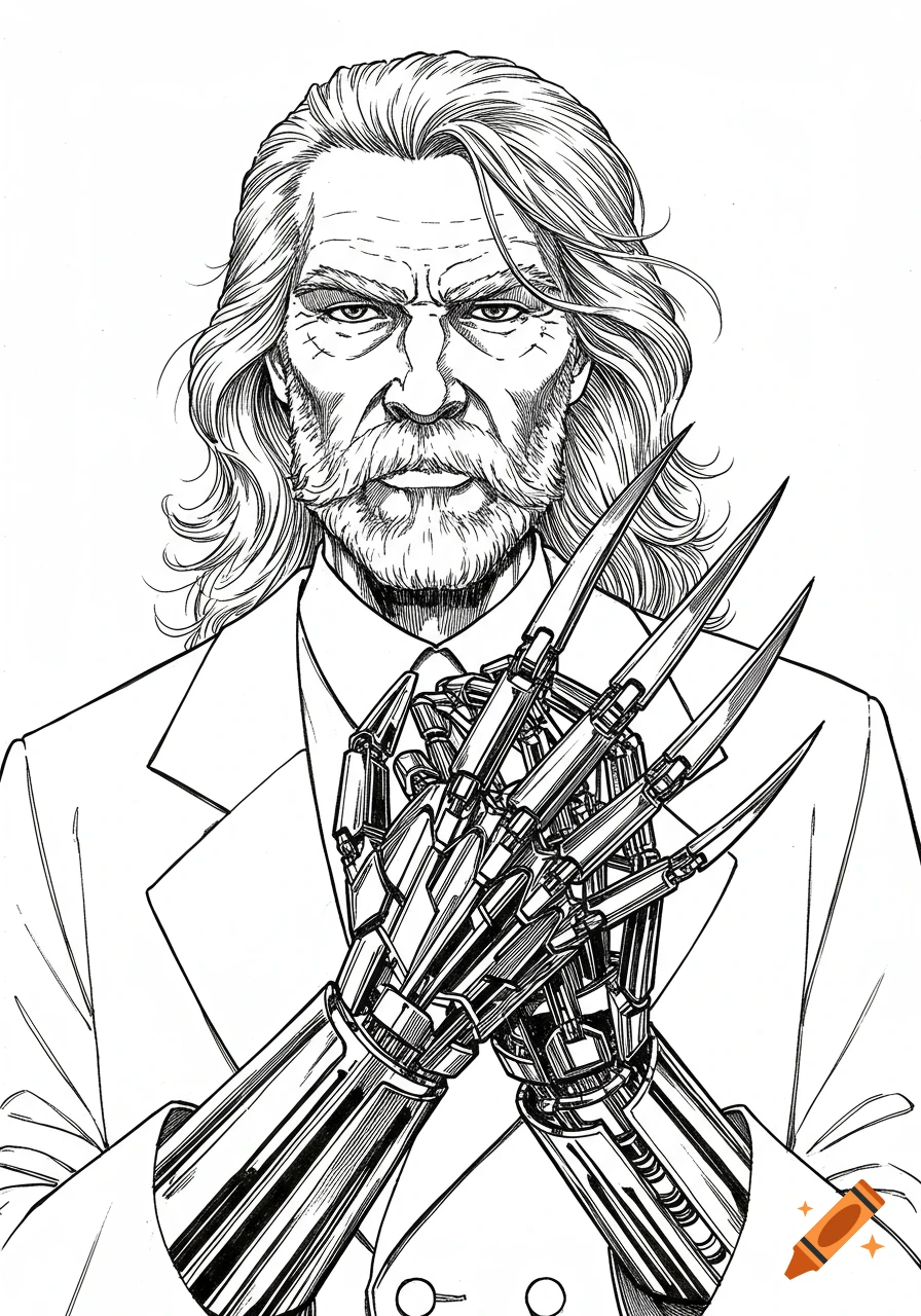 Ink drawing of an old man with long gray hair, a mustache, wearing a white jacket, with metallic claws for hands.
