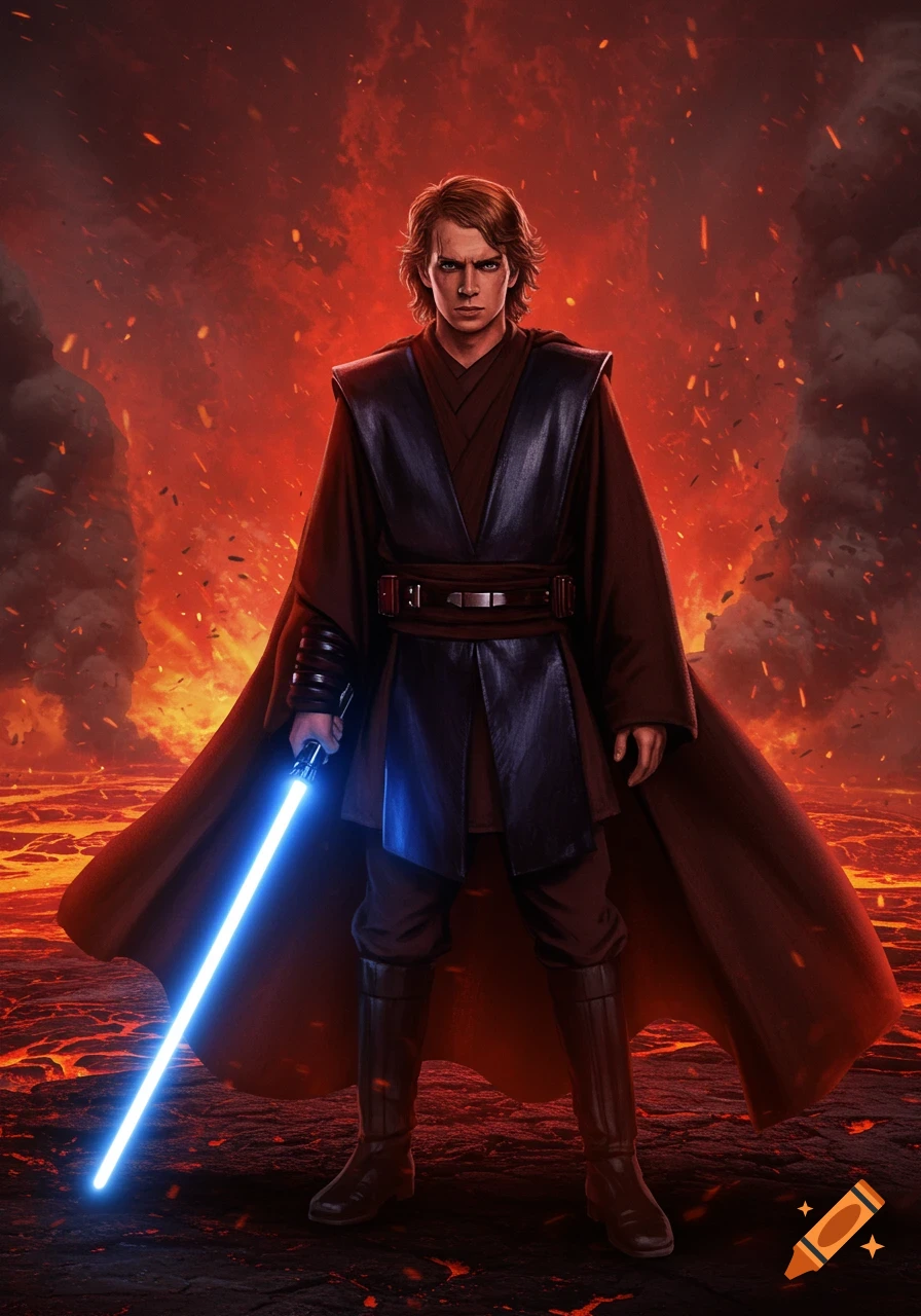Anakin Skywalker in a brown tunic and black cloak stands defiantly, holding a glowing blue lightsaber against a fiery volcanic backdrop.