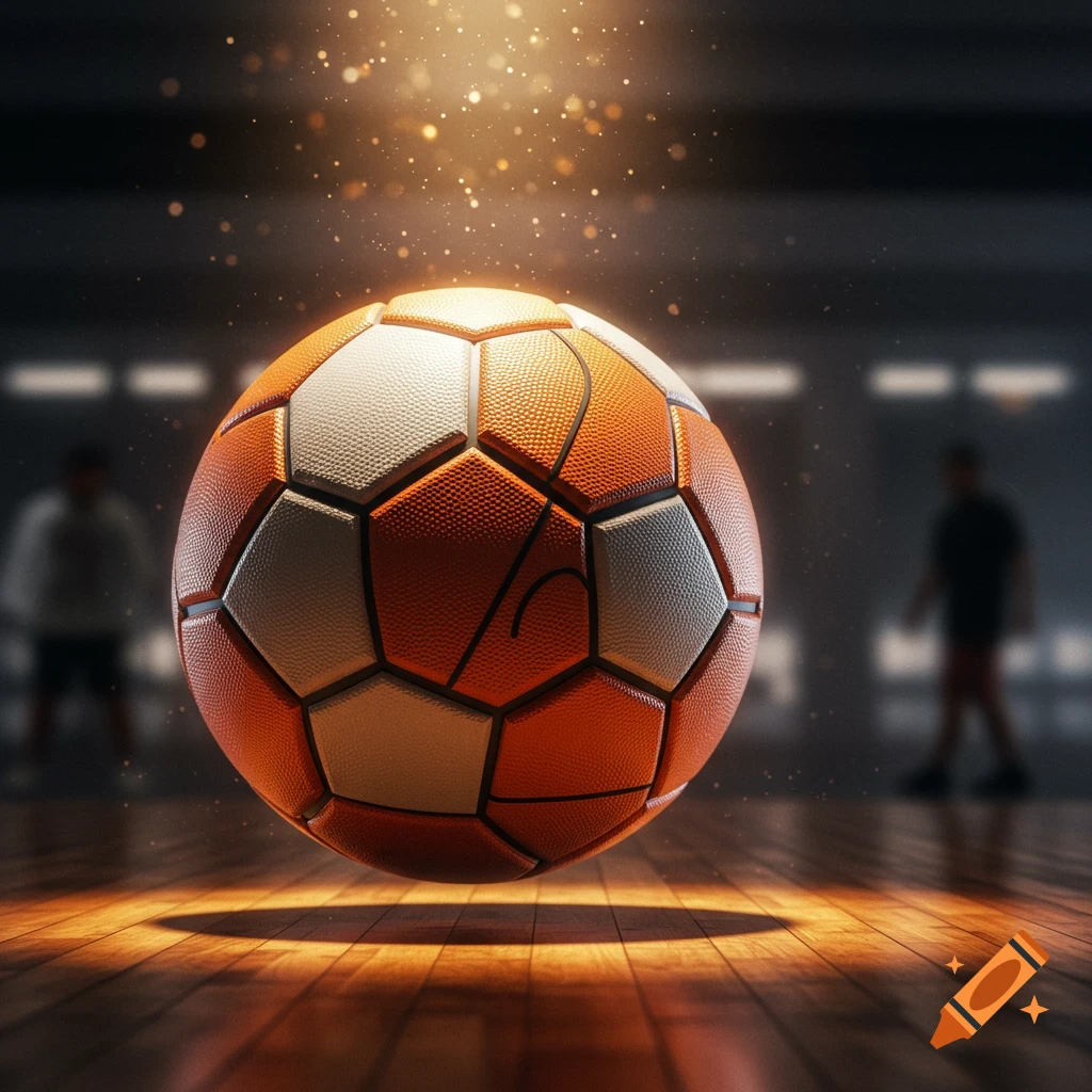 An orange and white hybrid soccer-basketball ball floats above a shiny wooden court, illuminated by golden light.