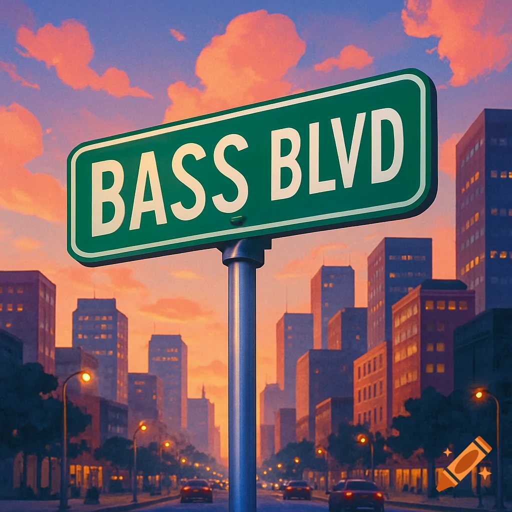 A stylized illustration of a green street sign reading 'BASS BLVD' in a city at sunset.