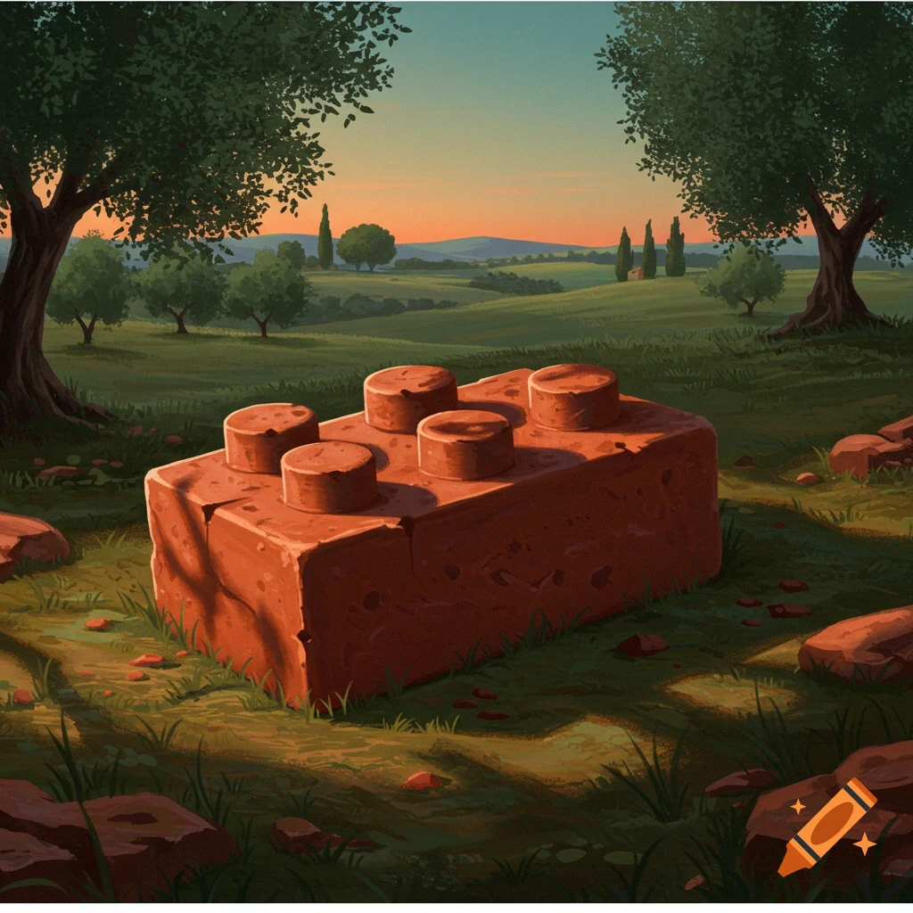 A large, terracotta-colored Lego brick sits in a lush green rural landscape with trees and hills under a sunset sky.