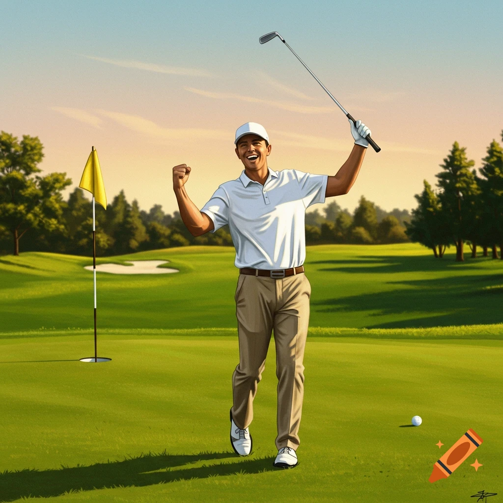 An illustrated male golfer celebrates on a green golf course, smiling with fists raised and holding a club.
