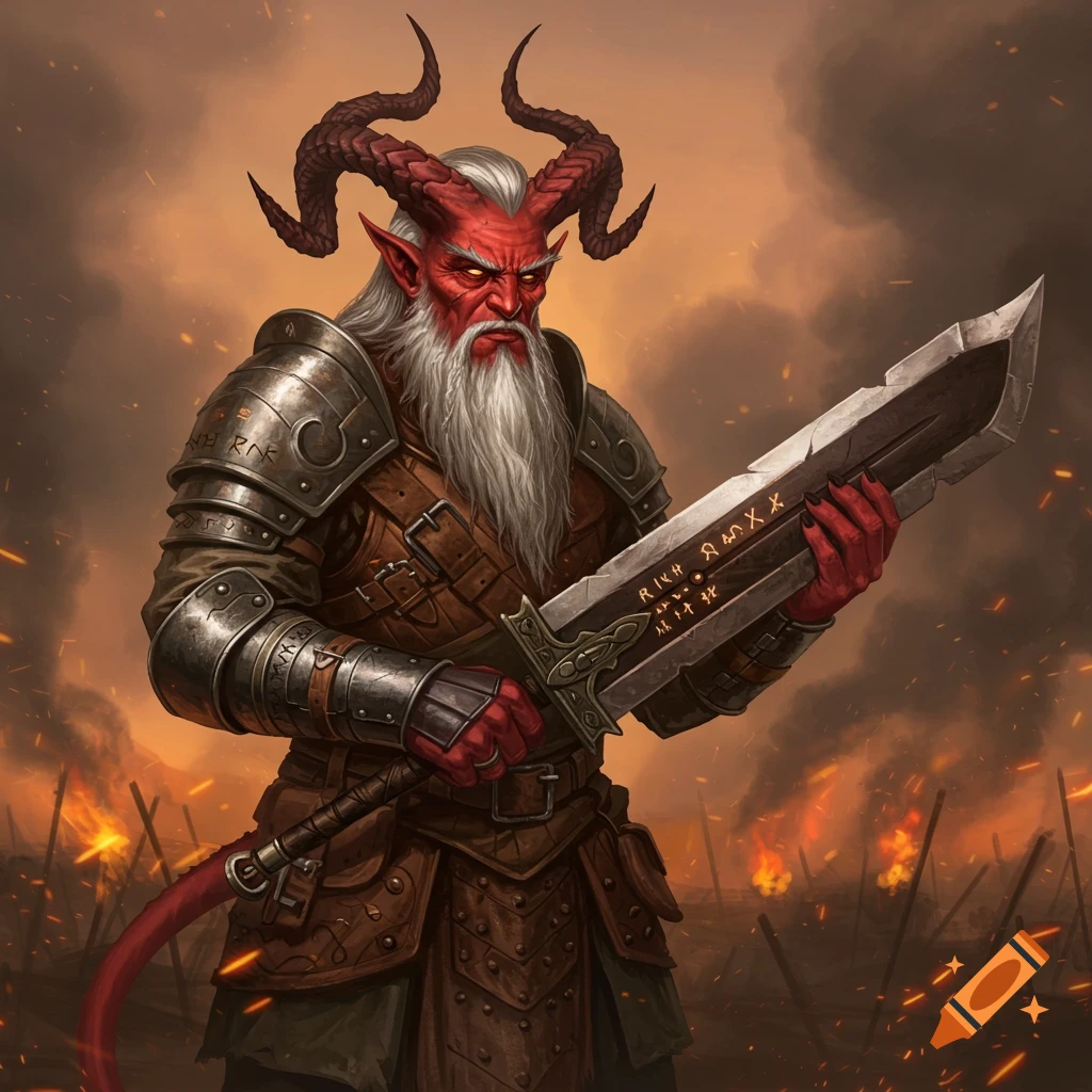 A red-skinned, horned Tiefling warrior with a white beard and armor holds a large sword on a burning battlefield.