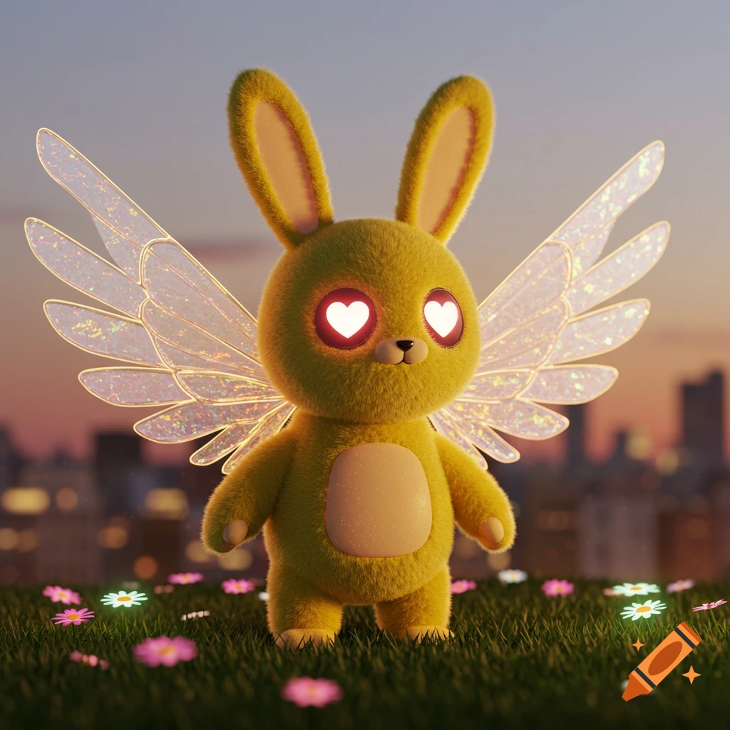 A fluffy yellow rabbit-like creature with glowing heart eyes and translucent wings stands in a grassy field with flowers at dusk.