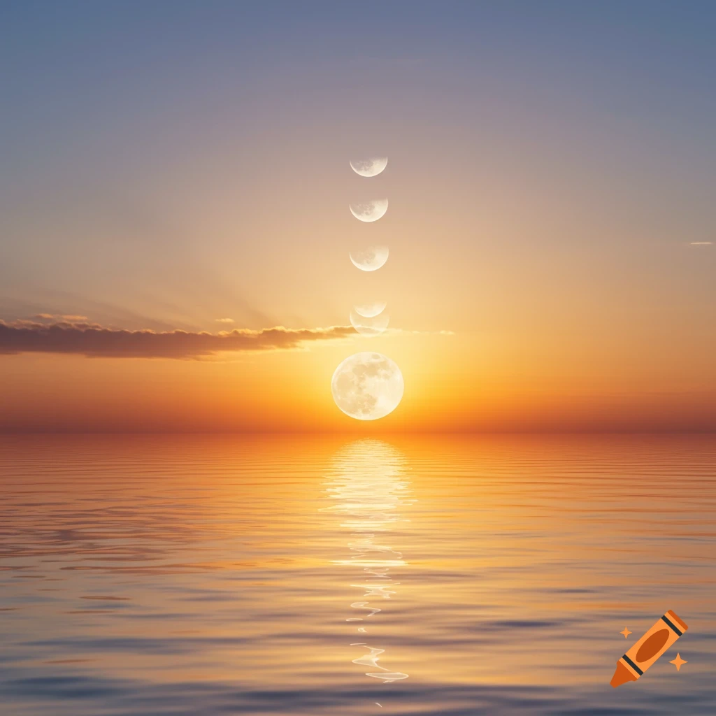 Vibrant sunset over calm water with sun reflecting, and a vertical stack of moon phases in the sky.