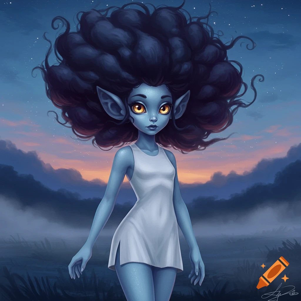 A blue-skinned fantasy character with large golden eyes and huge dark curly hair wears a white mini-dress in a misty field at dusk. Digital illustration.