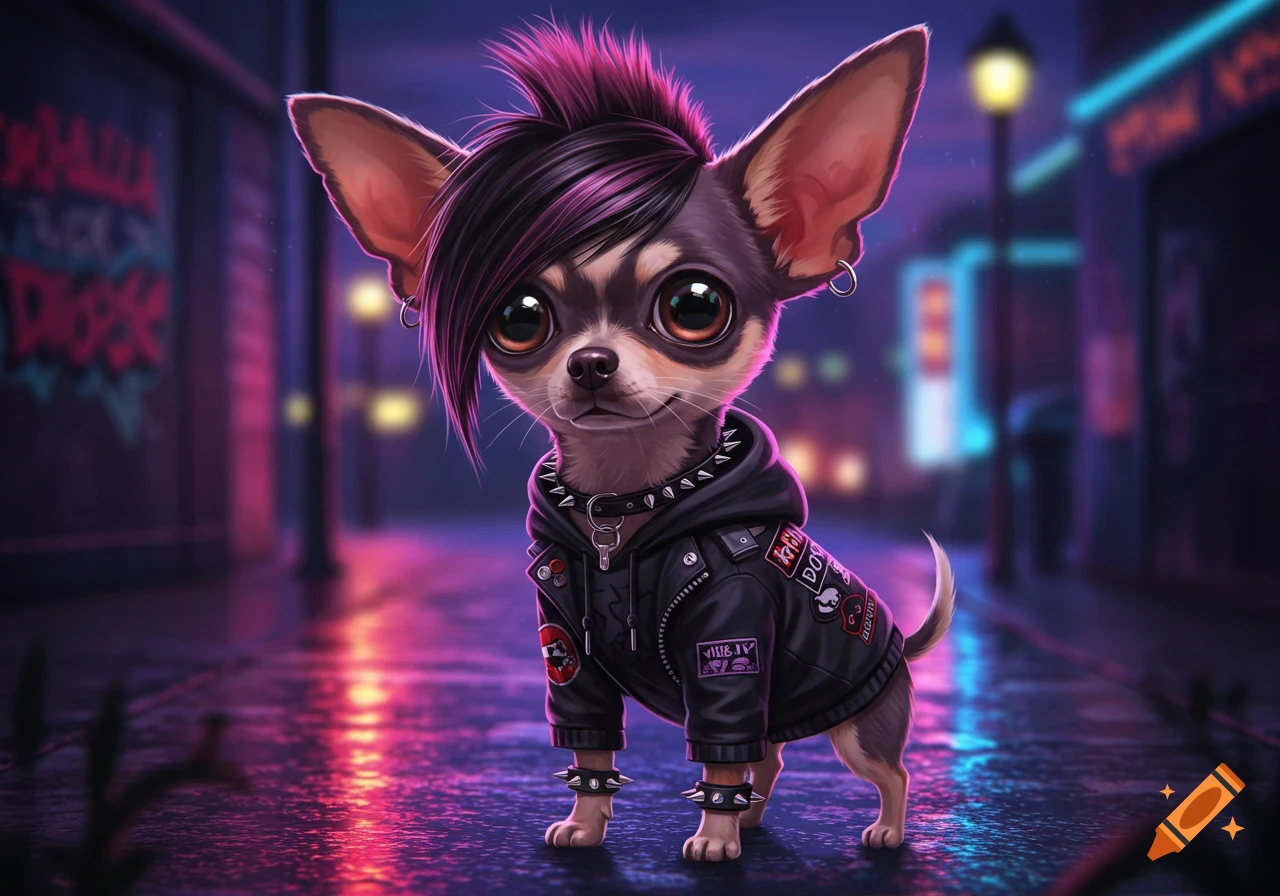 A cute chihuahua with an emo hairstyle, pink mohawk, studded collar, and black leather jacket stands on a wet city street at night with neon reflections, in a stylized illustration.