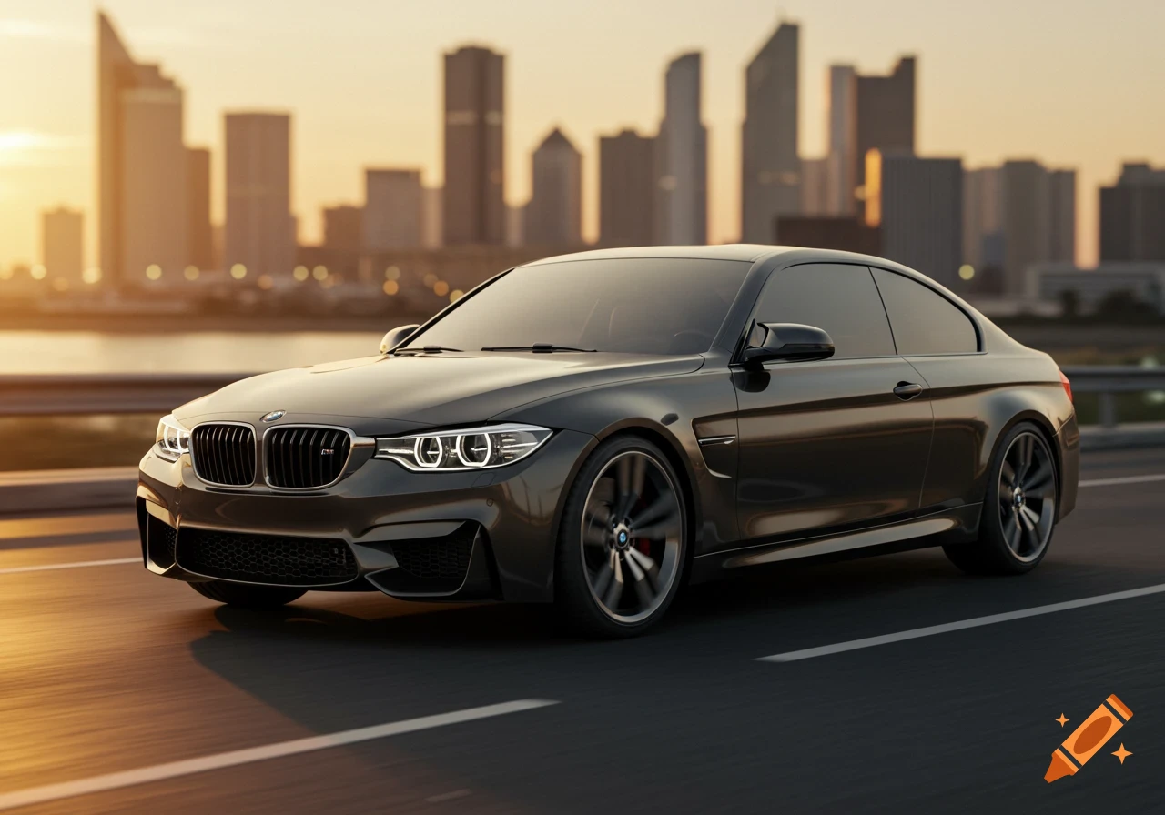 A dark gray BMW M4 coupe drives on a highway with a city skyline at sunset, photorealistic style.